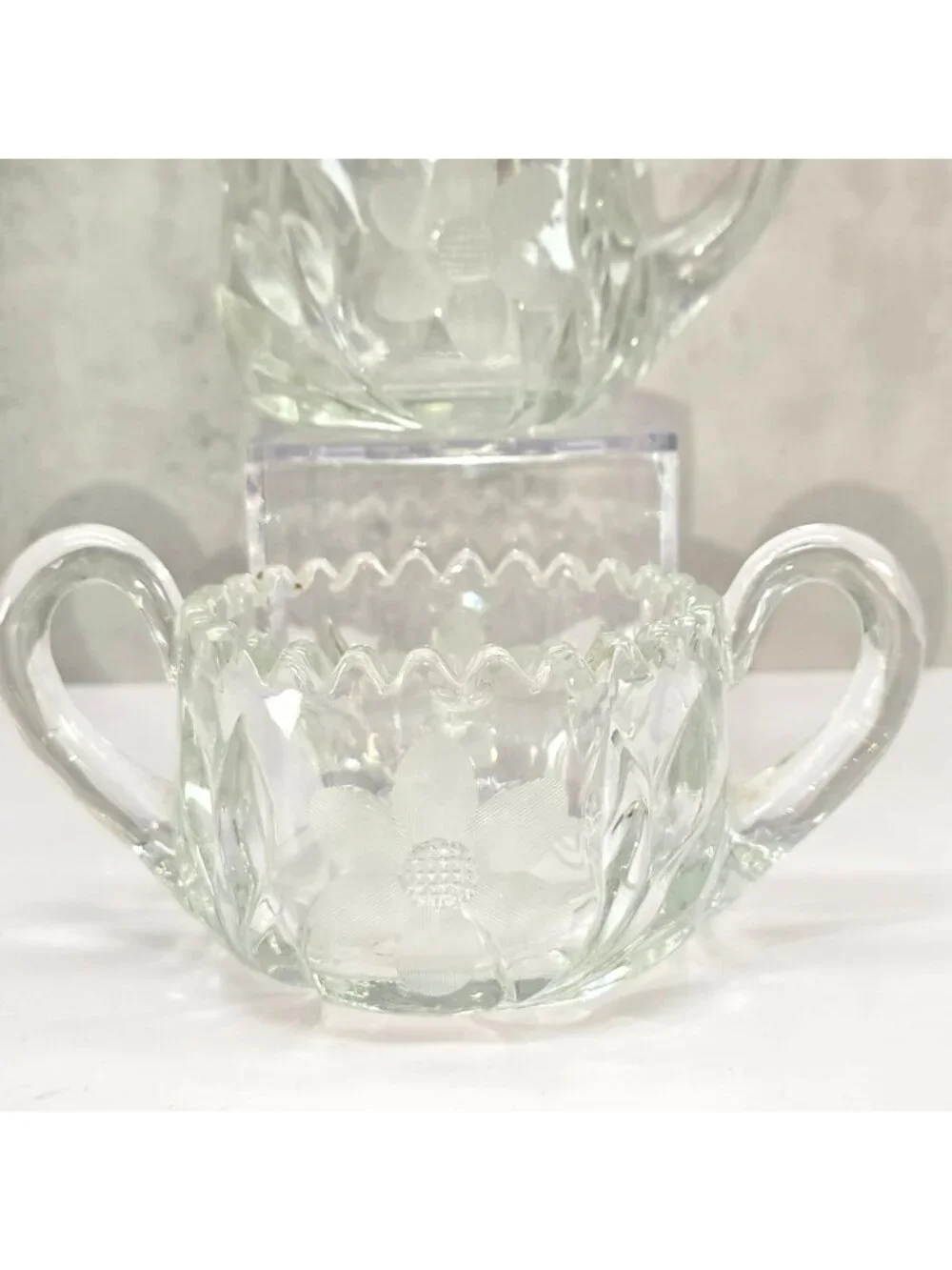 Vintage Glass Creamer & Sugar Bowl Set With Floral Etching Star Base VL5076